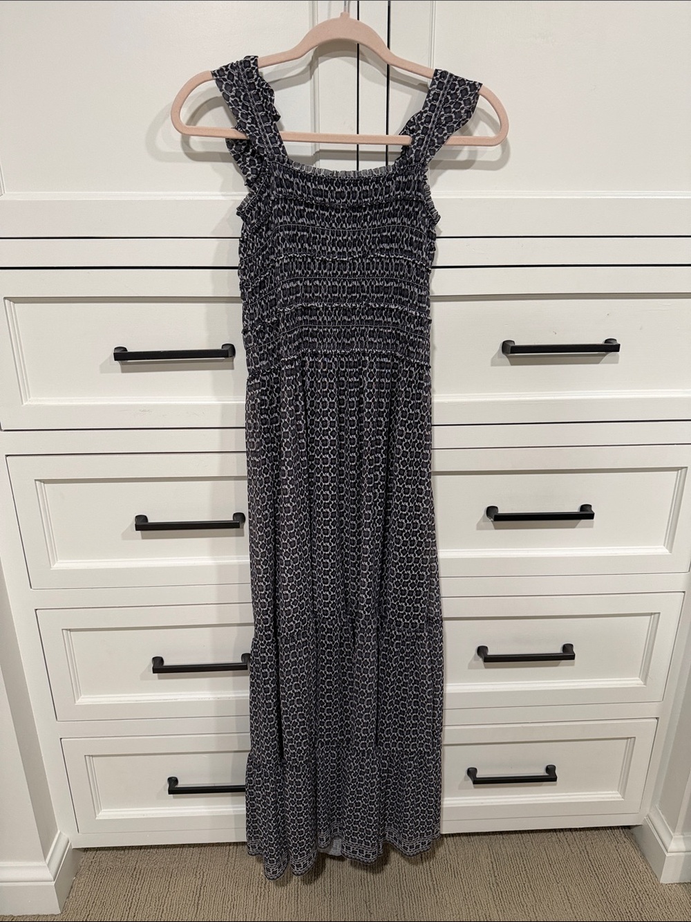 Max Studio Navy and White Smocked Tiered Maxi Dress